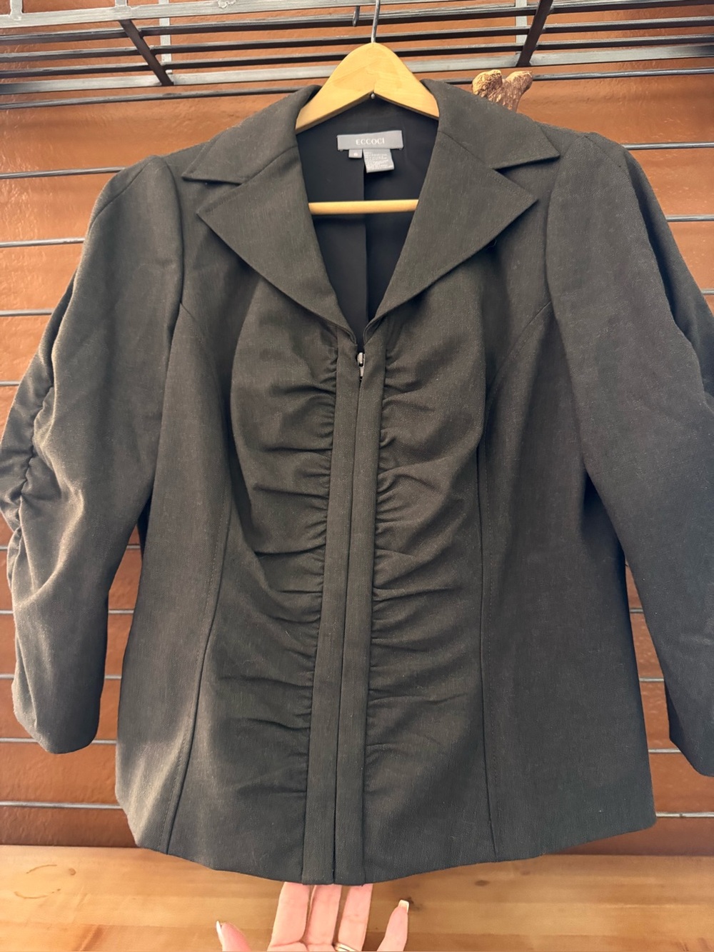 Eccoci Jacket espresso brown. ruched with bow accent & 3/4 sleeves, size 6